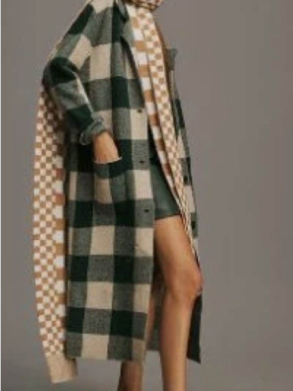 John + Jenn Green and Cream Checked Sweater Coat